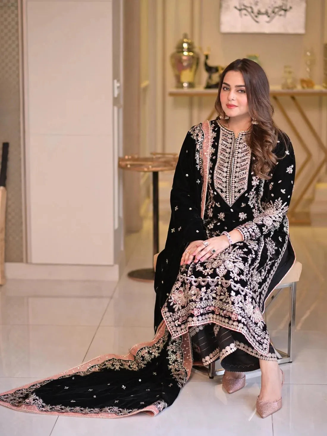 Aneela’s Luxury Embroidered Lawn Wedding Suit – Black